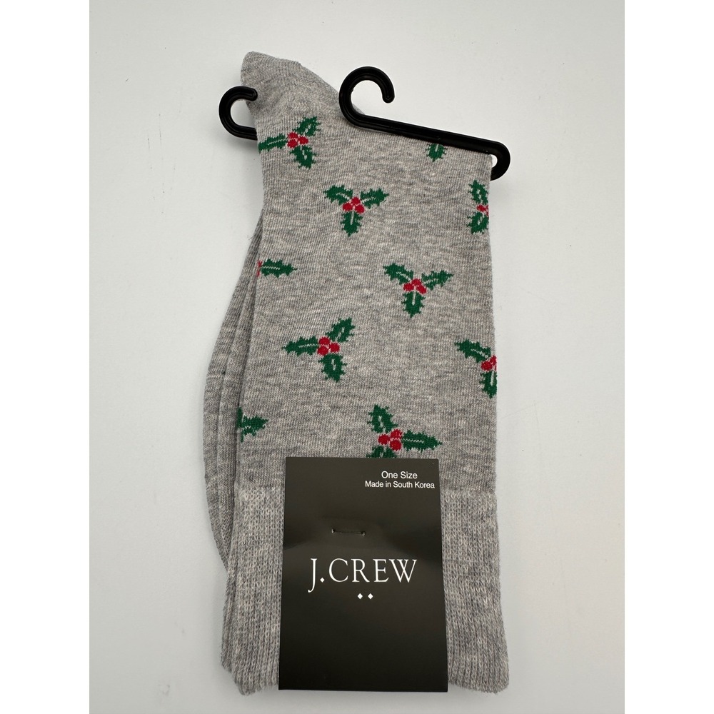 J. Crew Mens Christmas Holiday Socks Gray Holly Berry Crew Socks One Size